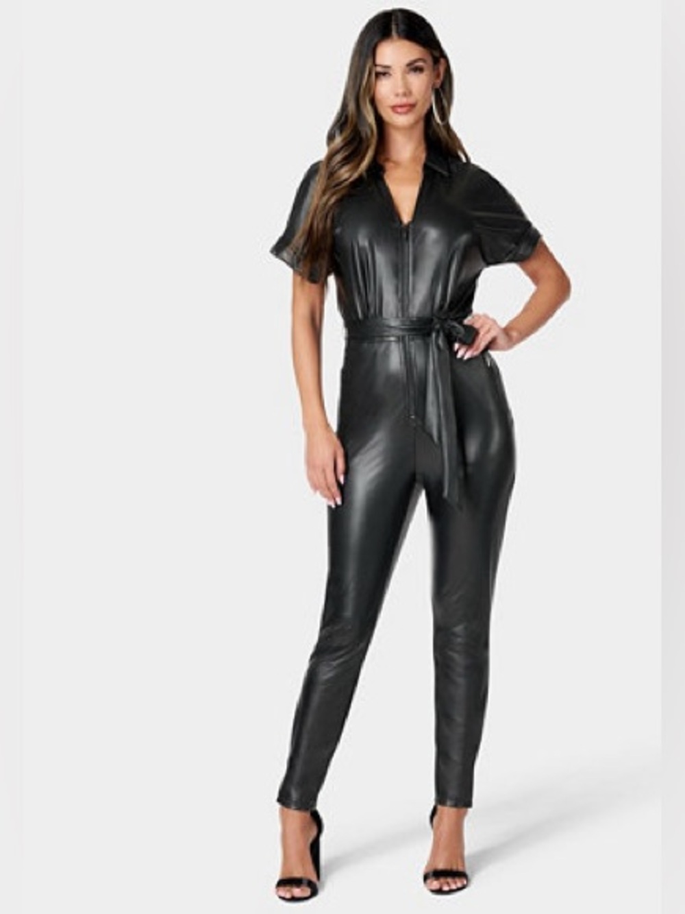 BEBE Faux Leather Black Jumpsuit with Waist Tie